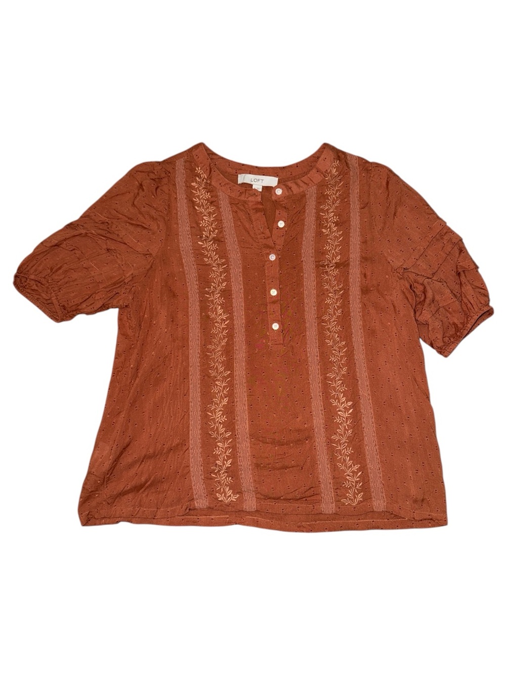 LOFT Embroidered Swiss Dot Ruffle Sleeve Blouse Medium Rust Boho